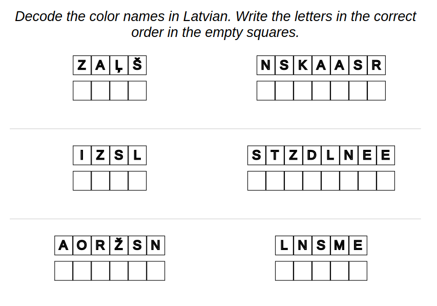 Printable worksheets for kids for learning Latvian language,
