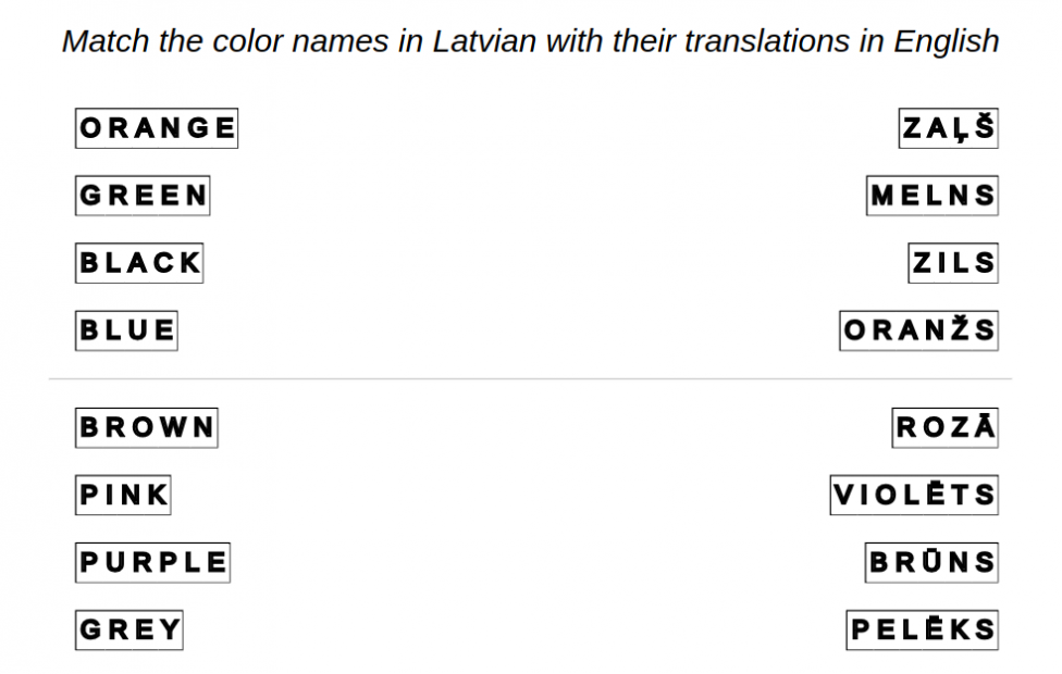 Free printable worksheets for learning Latvian languages: color – connect answers