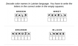 Free printable worksheets for kids for learning the Latvian language. The theme of these worksheets is colors. In ten pages of the task, the child has to decode and write the name of the color.
