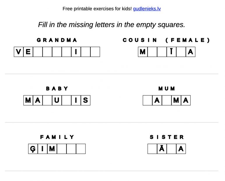 Example of exercise Latvian language: family – missing letters