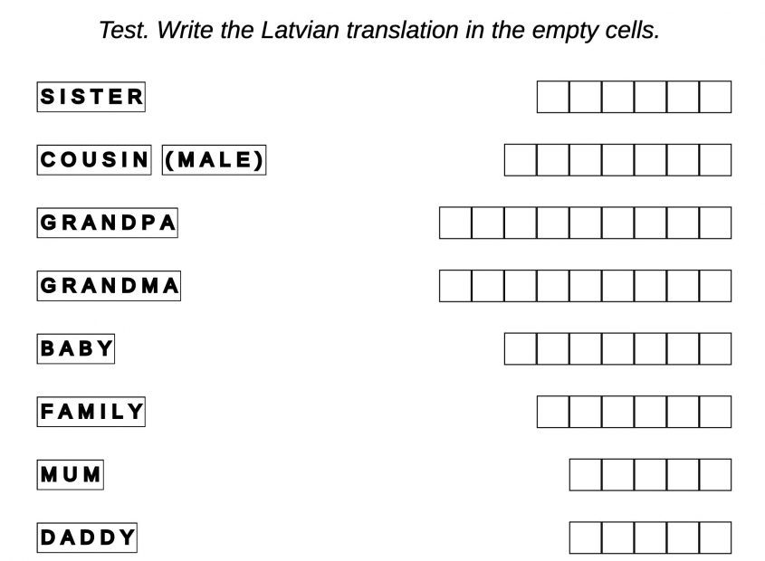 Worksheet example for Latvian language: family – test exercise