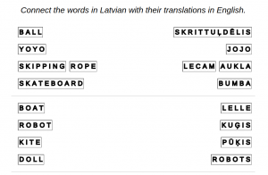 Example of exercise sheet in Latvian language: yard – connect the answers