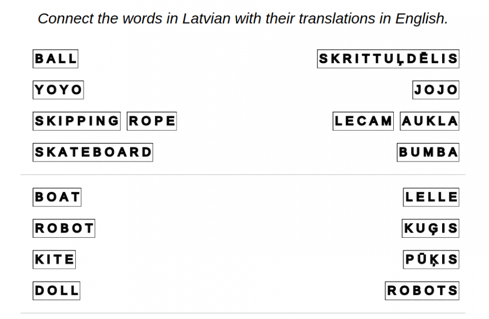 Example of exercise sheet in Latvian language: yard – connect the answers
