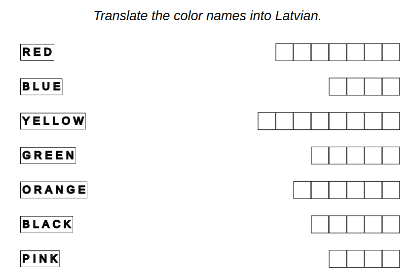 Exercise example for Latvian language: colors – test worksheet