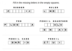 Example for exercise Latvian language: pencil case – enter the missing letters
