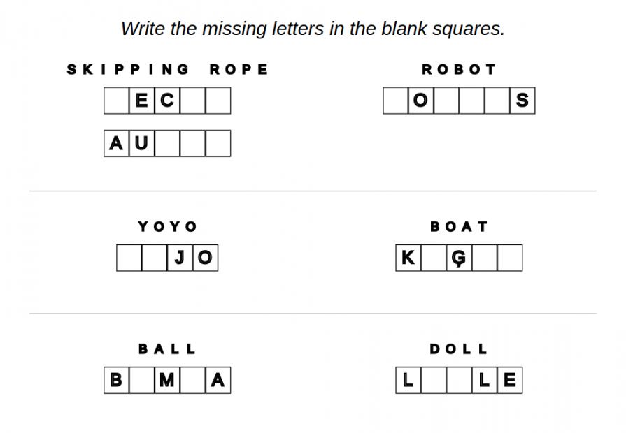 Example of worksheet for Latvian language: yard – missing letters.