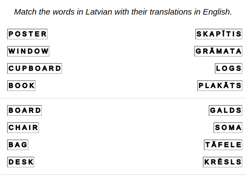 Example exercise: Latvian language: classroom – match the words