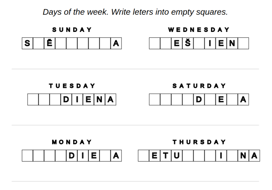 Example of exercise Latvian language – days of the week – lost letters