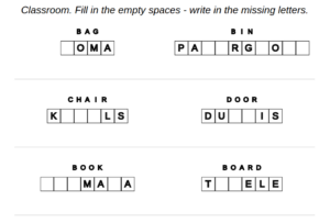 Example for exercise of Latvian language: classroom – missing letters