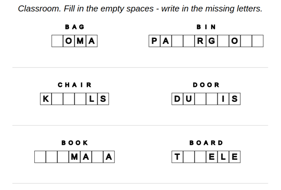 Example for exercise of Latvian language: classroom – missing letters