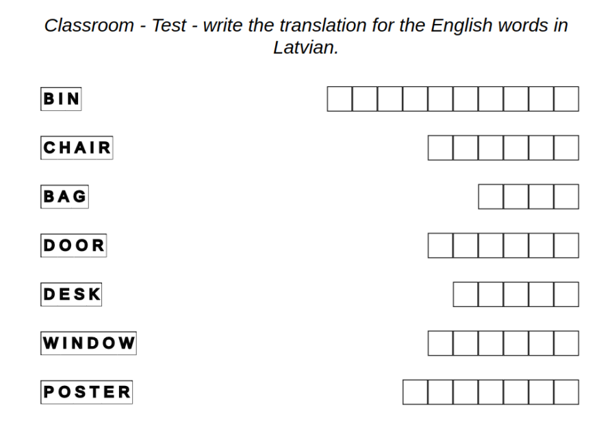 Exercise example for Latvian language: classroom – test