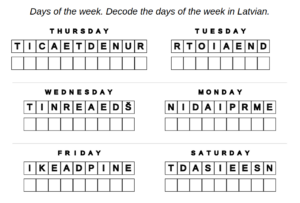 Exercise example of Latvian language: days of the week – decode words