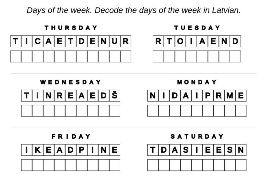Exercise example of Latvian language: days of the week – decode words