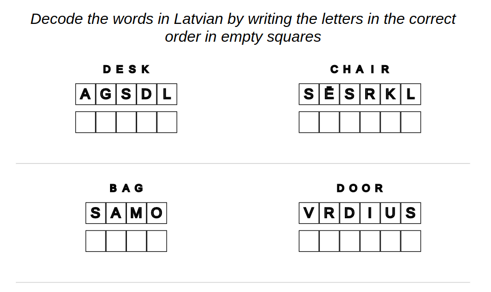 Example of printable exercise Latvian language: Classroom – decode words.