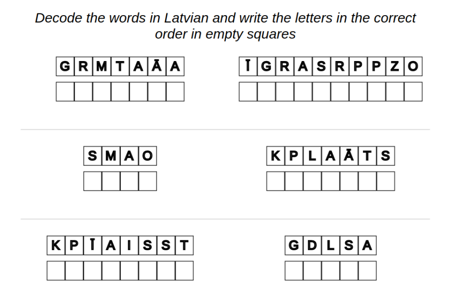 Exercise example for Latvian language: Classroom – decode words without translation