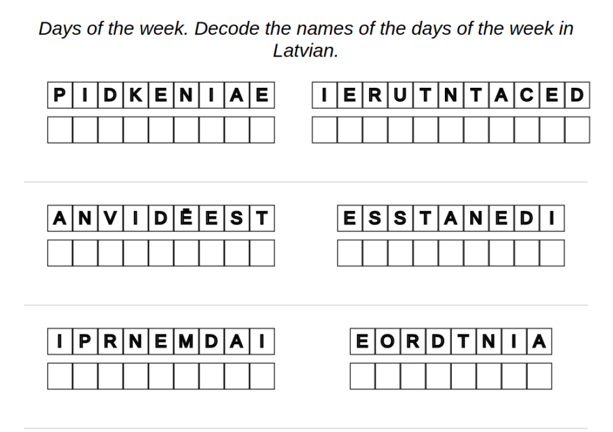 Example of exercise for Latvian language: days of the week – decode words without translation