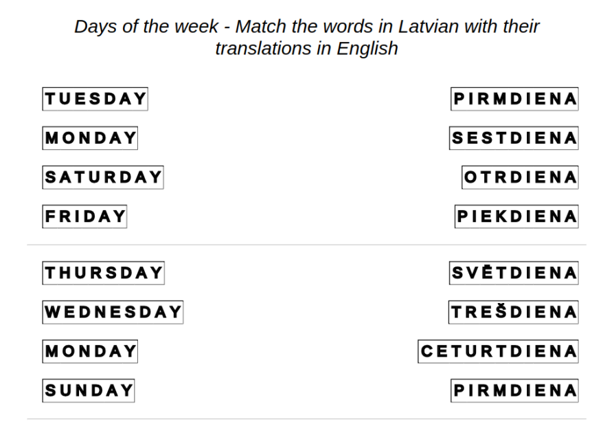Example for exercise of Latvian language: days of the week – match the words