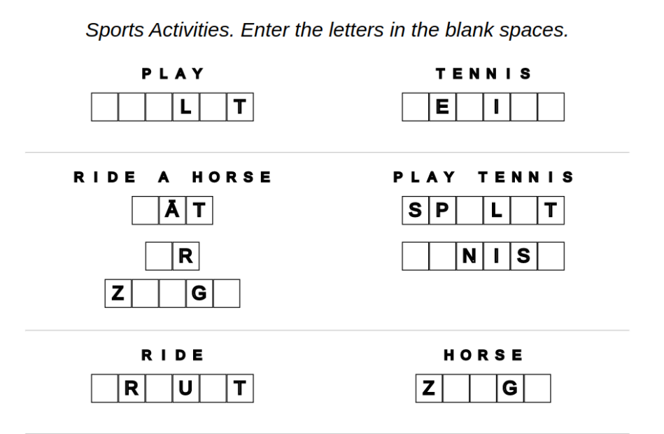 Example for Latvian language: sports activities – missing, lost letters