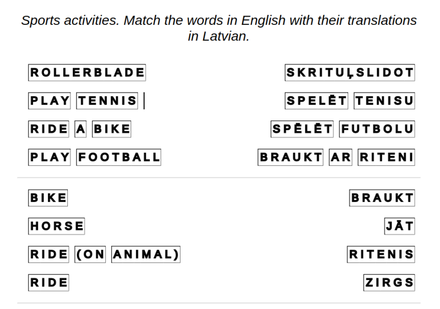Examplo of Latvian language: sports activities – connect the words