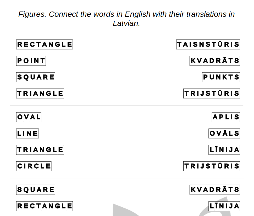 Example for exercises for kids - Latvian language: Figures – connect the answers