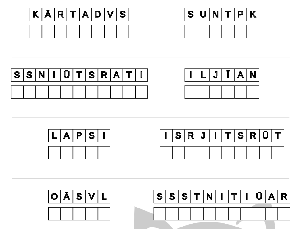 Example of exercise for kids - Latvian language: figures – decode the words translation is not givven