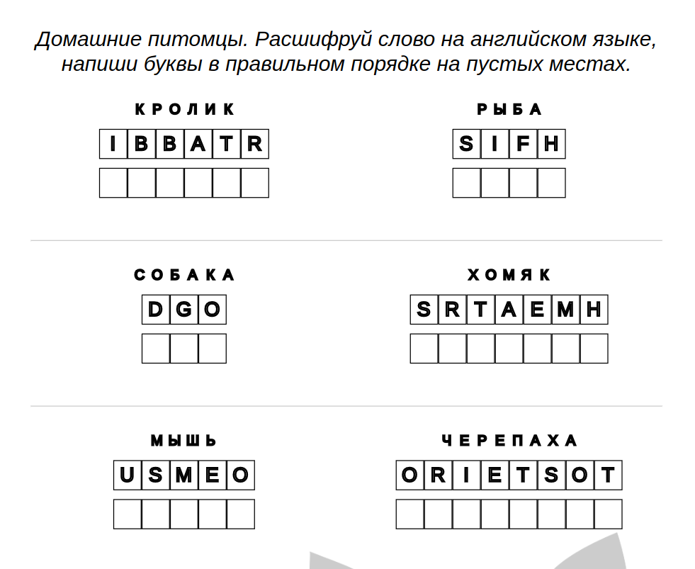 Скриншот примера задачи - Английский язык: домашние животные – расшифруй слова