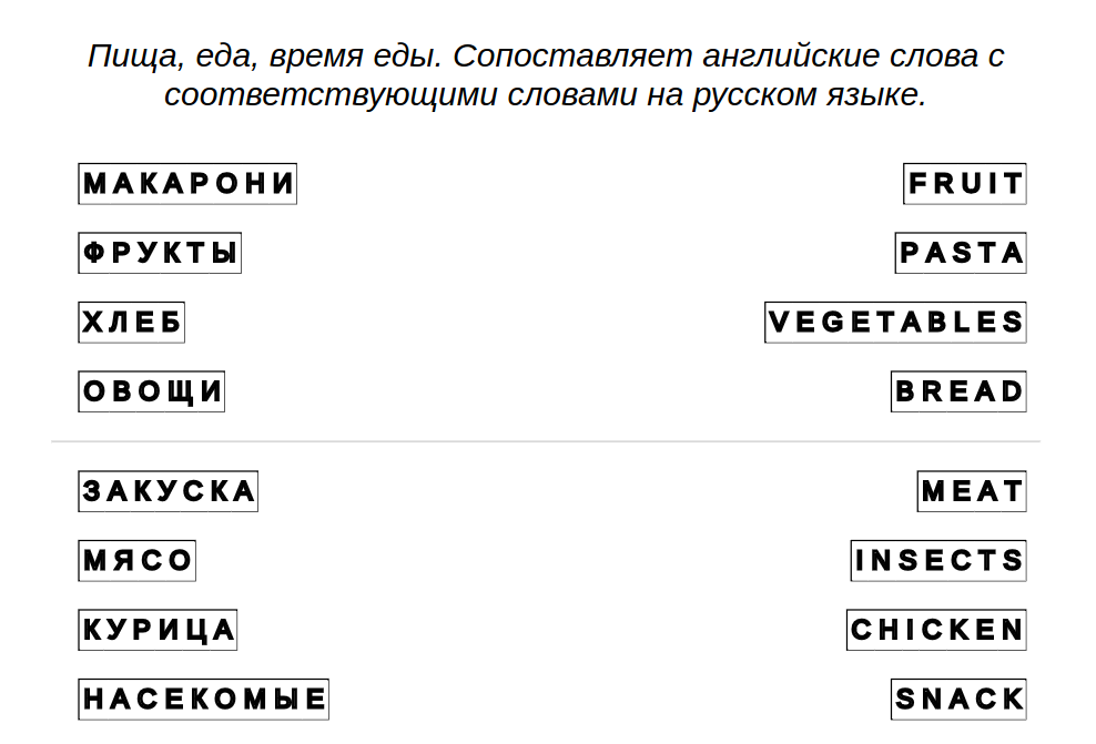 Примеры задач - Английский язык: Пища, еда, время еды — соедините слова.
