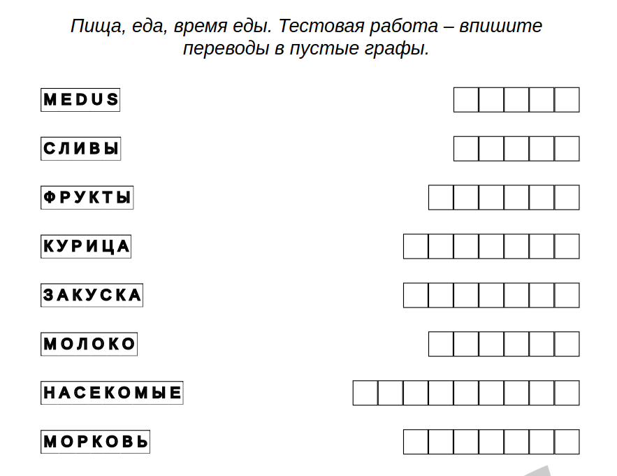 прмер задач для детей - Английски язык: Пища, еда, время еды — тестовый лист