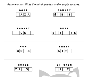 Printable worksheet for kids - Latvian language: Farm animals – Missing Letters