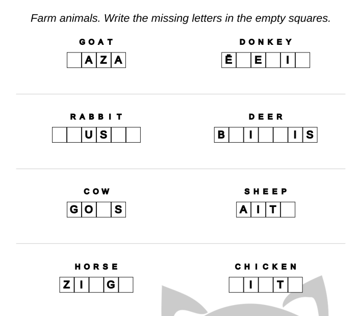 Printable worksheet for kids - Latvian language: Farm animals – Missing Letters