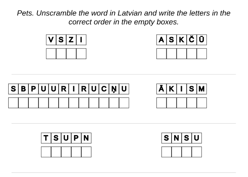 Example worksheets for kids - Latvian language: pets – decode the words without saying without translation