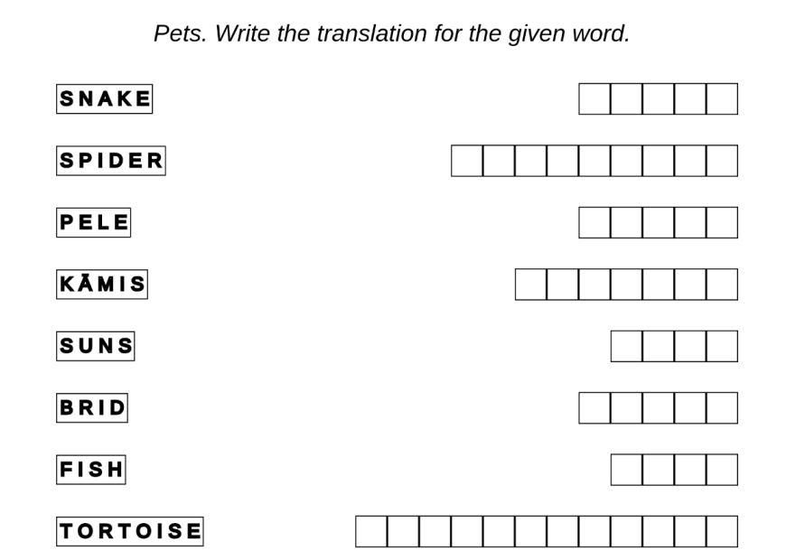 Worksheet for kids example - Latvian language: pets - test