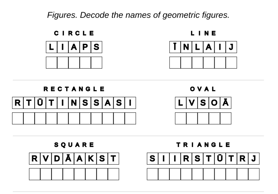 Example of worksheets for kids - Latvian language: shapes – decode the words