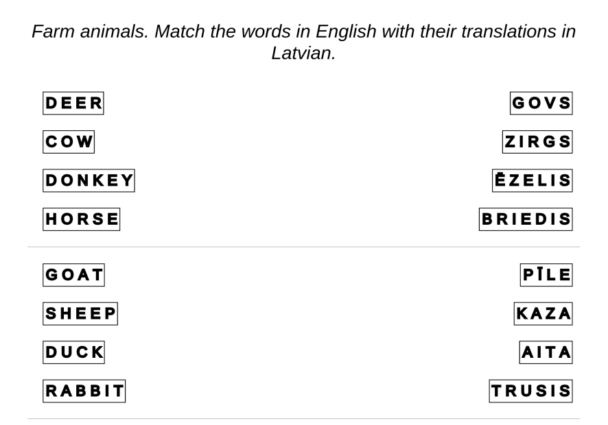 Example for tasks - Latvian language: Farm animals – Connect the answers