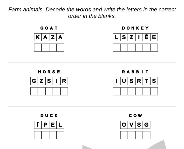 Example for free printables - Latvian language: farm animals – decode the words