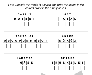 Exercise worksheets - Latvian language: pets – unscramble the words