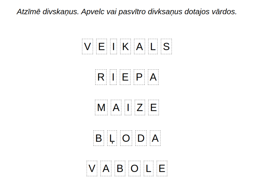 piemērs uzdevumam - Divskaņi - apvelc, atzīmē divskaņus