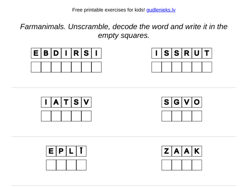 Example image of Latvian: farm animals – decode the words without translation