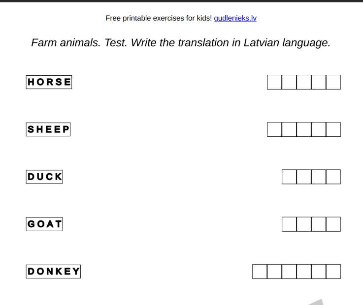 Example of exercise - Latvian: farm animals – test, examination paper