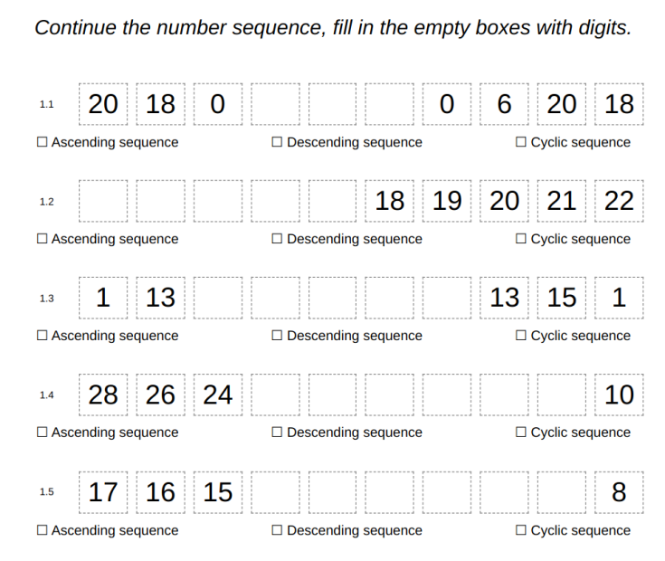 Example image for printable task: Number sequences – increasing, decreasing, cyclical