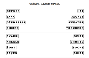 Piemērs uzdevumiem Angļu valodā: Apģērbs – savieno vārdus