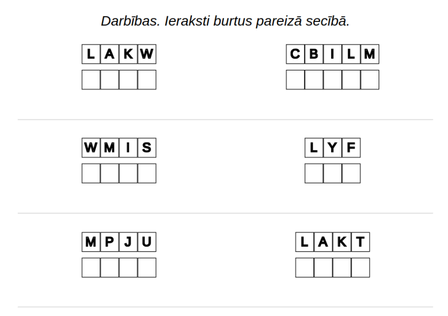 Piemērs uzdevumiem Angļu valoda: Darbības – atšifrē vārdus bez priekšā teikšanas