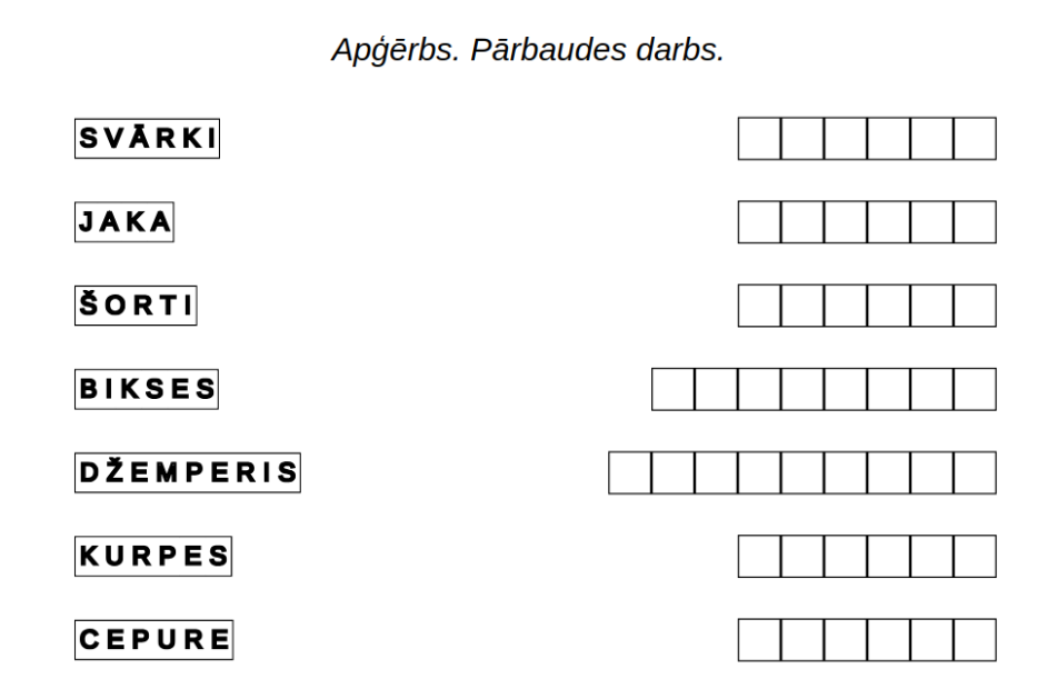 Piemērs uzdevumiem Angļu valodā: Apģērbs – pārbaudes darbs