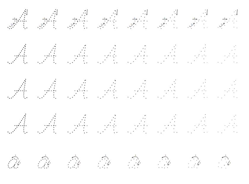 Uzdevumu piemērs - Mācies rakstīt rakstīto burtu A – savieno punktiņus