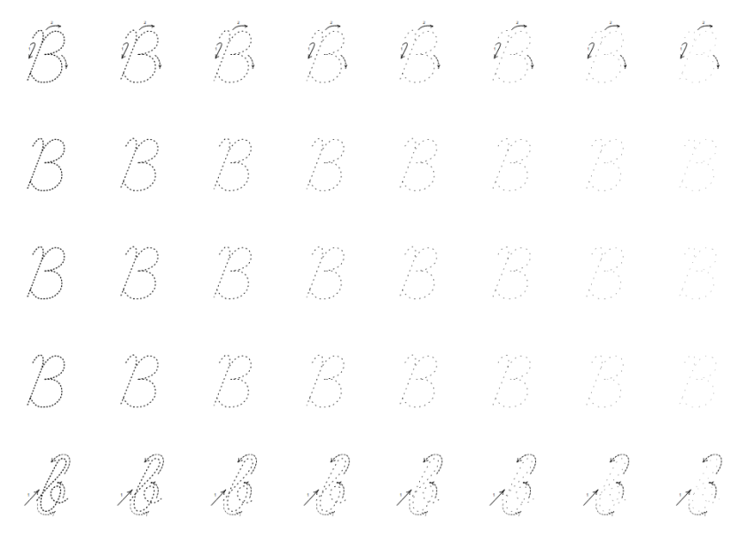 Piemērs uzdevumiem - Mācies rakstīt rakstīto burtu B – savieno punktiņus